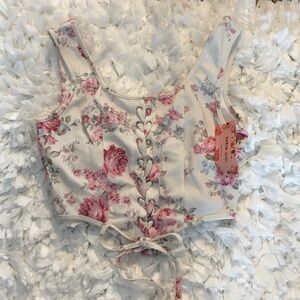 SHEIN Pink Floral Lace-Up Crop Top